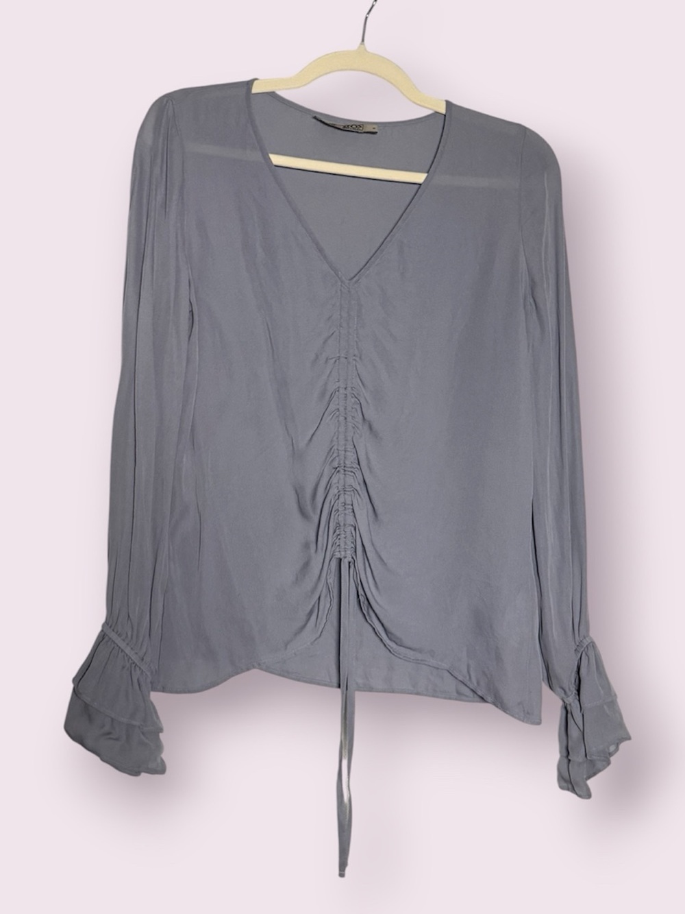Go Silk Pastel Blue Ruched Long Sleeve Silk Blouse Size Small